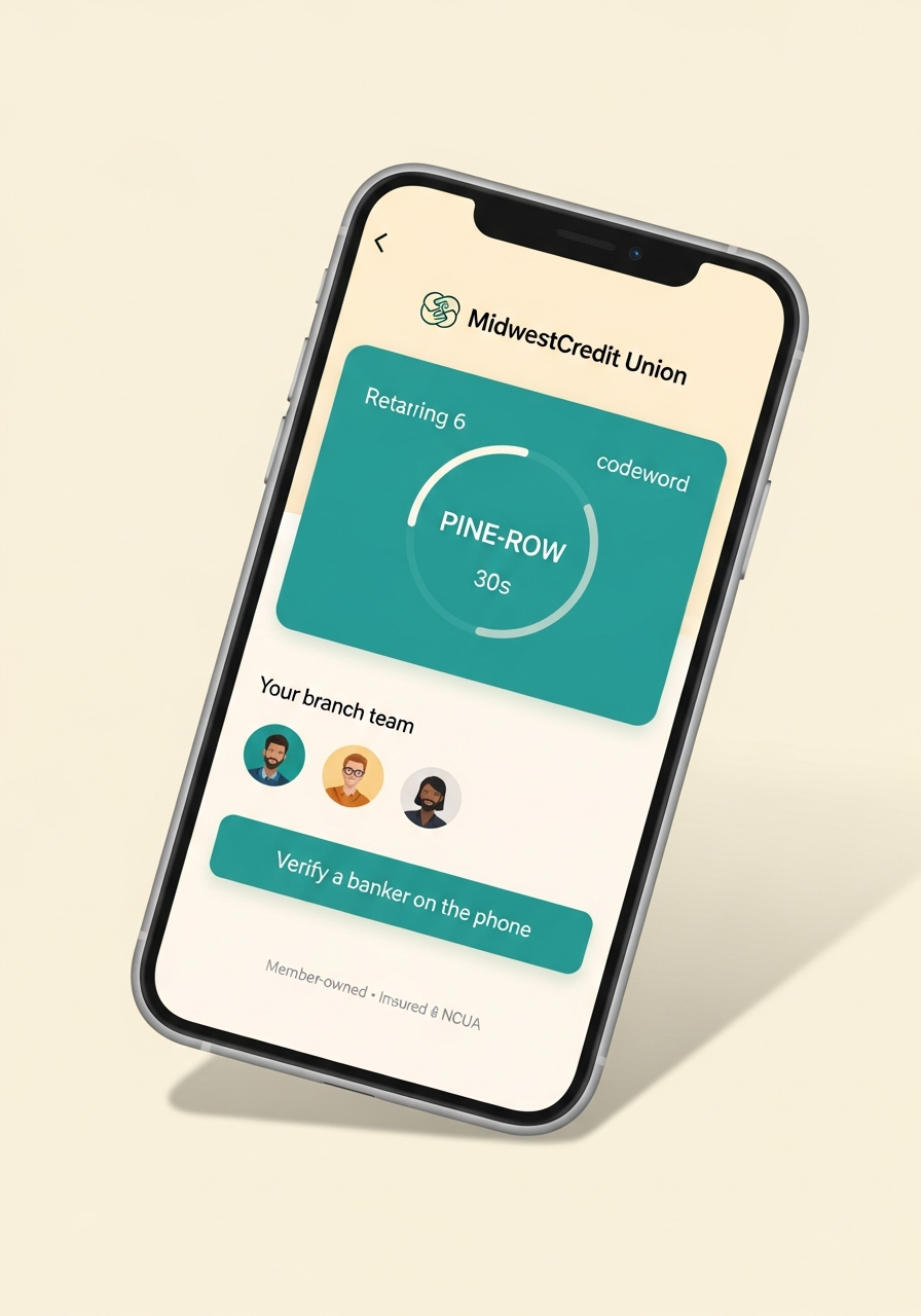 A smartphone showing a Trust Onion–powered verification screen re-skinned for a fictional MidwestCredit Union, with a warm teal and ivory palette and a rotating codeword card.