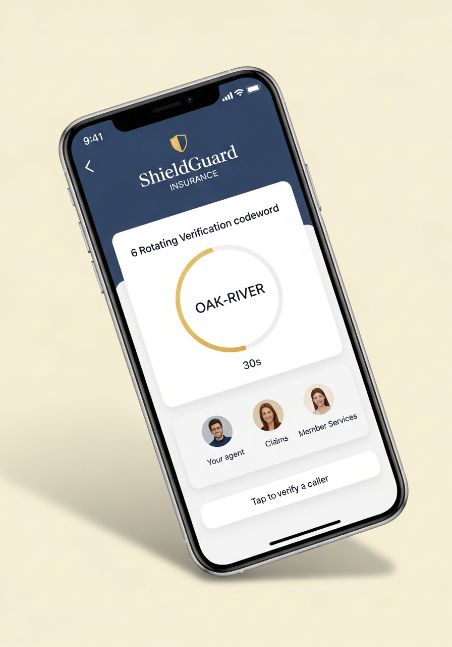 A smartphone showing a Trust Onion–powered verification screen re-skinned for a fictional ShieldGuard Insurance brand, with a navy and gold palette and a rotating codeword card.
