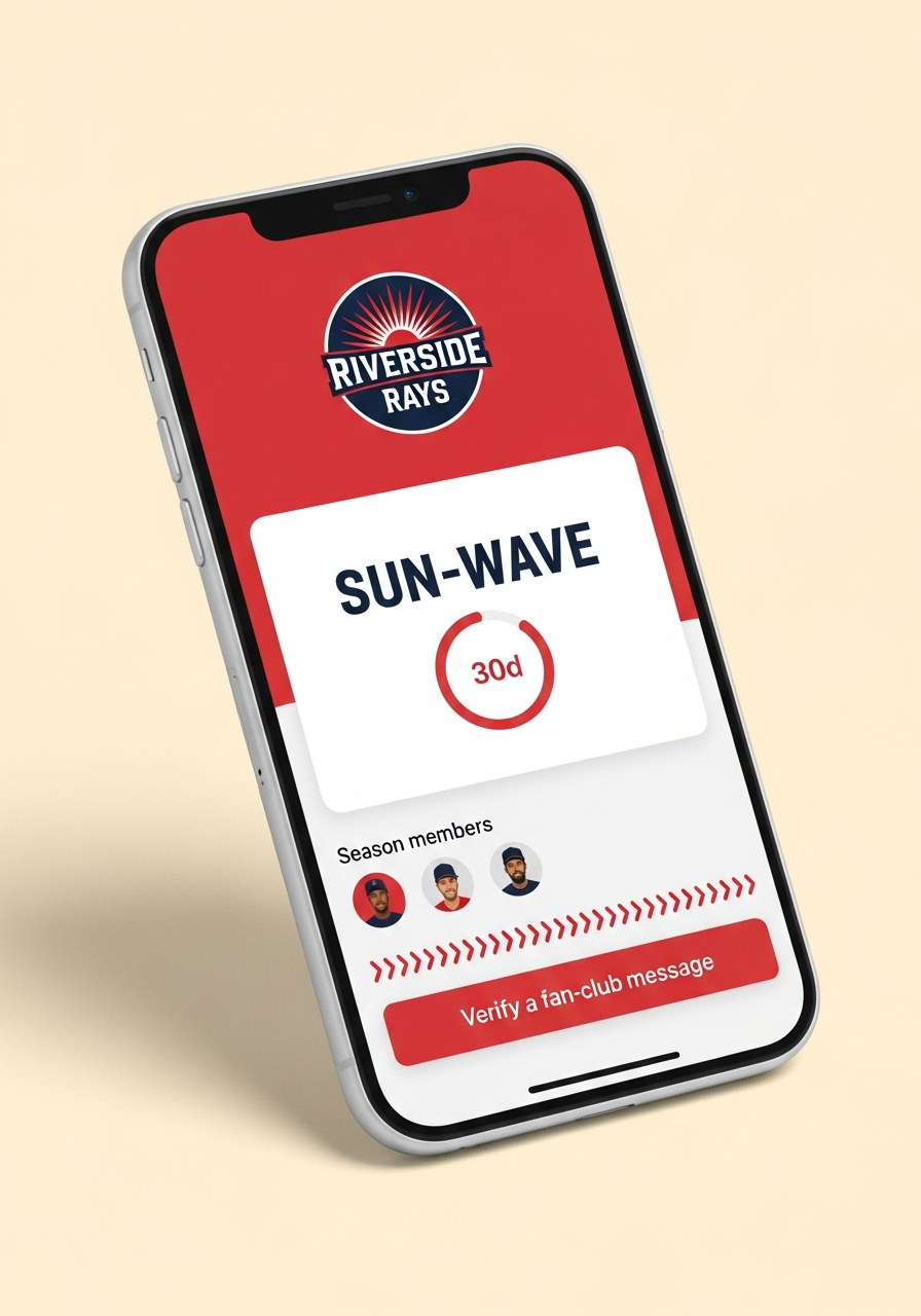 A smartphone showing a Trust Onion–powered verification screen re-skinned for a fictional Riverside Rays sports team, with a bold red and white palette and a rotating codeword card.
