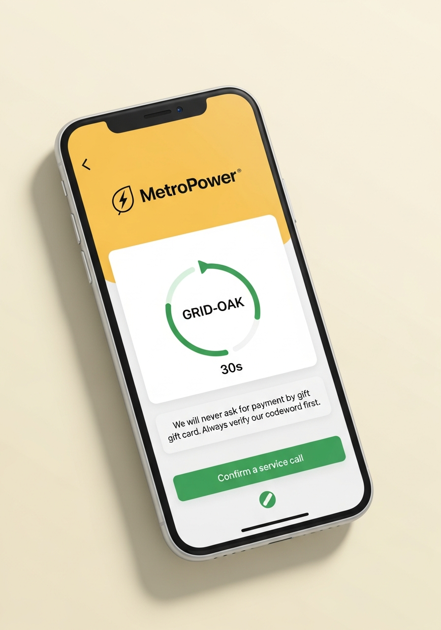 A smartphone showing a Trust Onion–powered verification screen re-skinned for a fictional MetroPower public utility, with a green and yellow palette and a rotating codeword card.