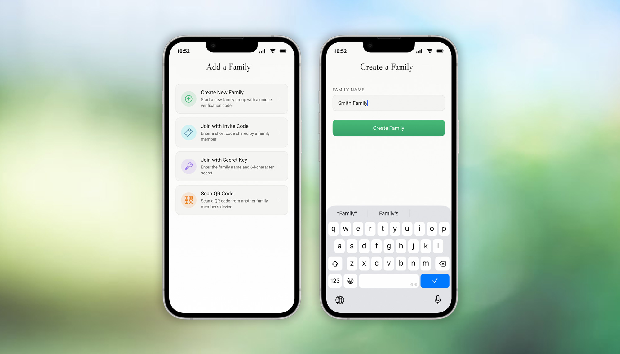 Create a Family screen shown on two phones