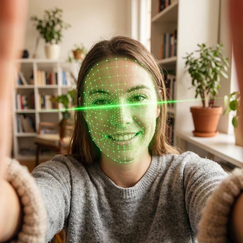 A woman taking a live selfie while a green face-scan light verifies it is really her