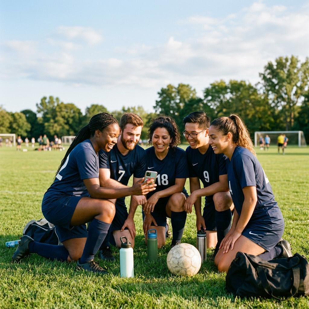 Soccer club teammates gathered on the field looking at a phone together