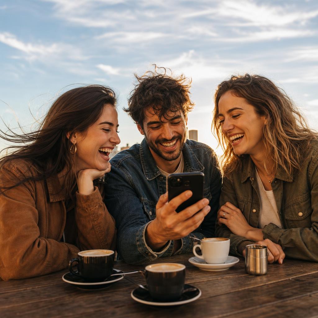 Three friends laughing together over coffee while checking a phone