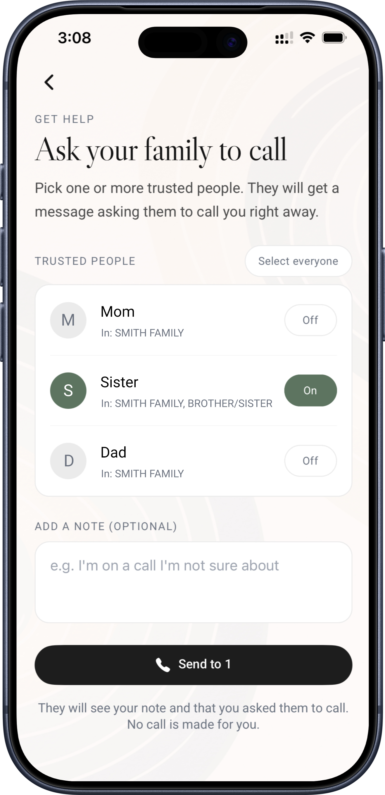 Reach Your Family screen showing Mom, Sister, and Dad contacts with toggle switches