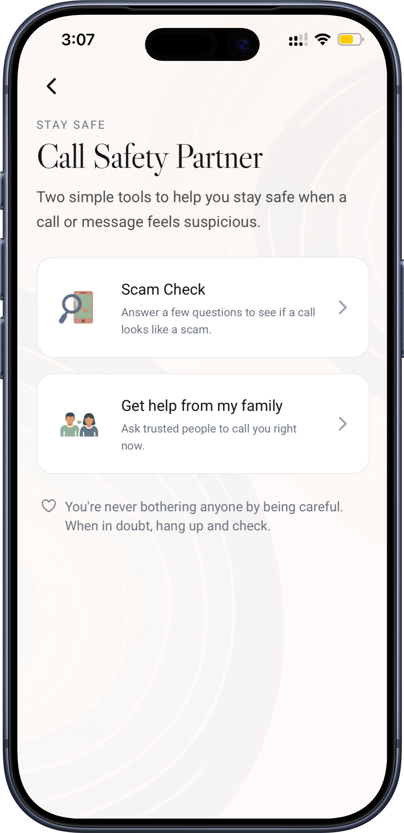 Trust Onion Call Safety entry screen showing Scam Check and Get help from my family options
