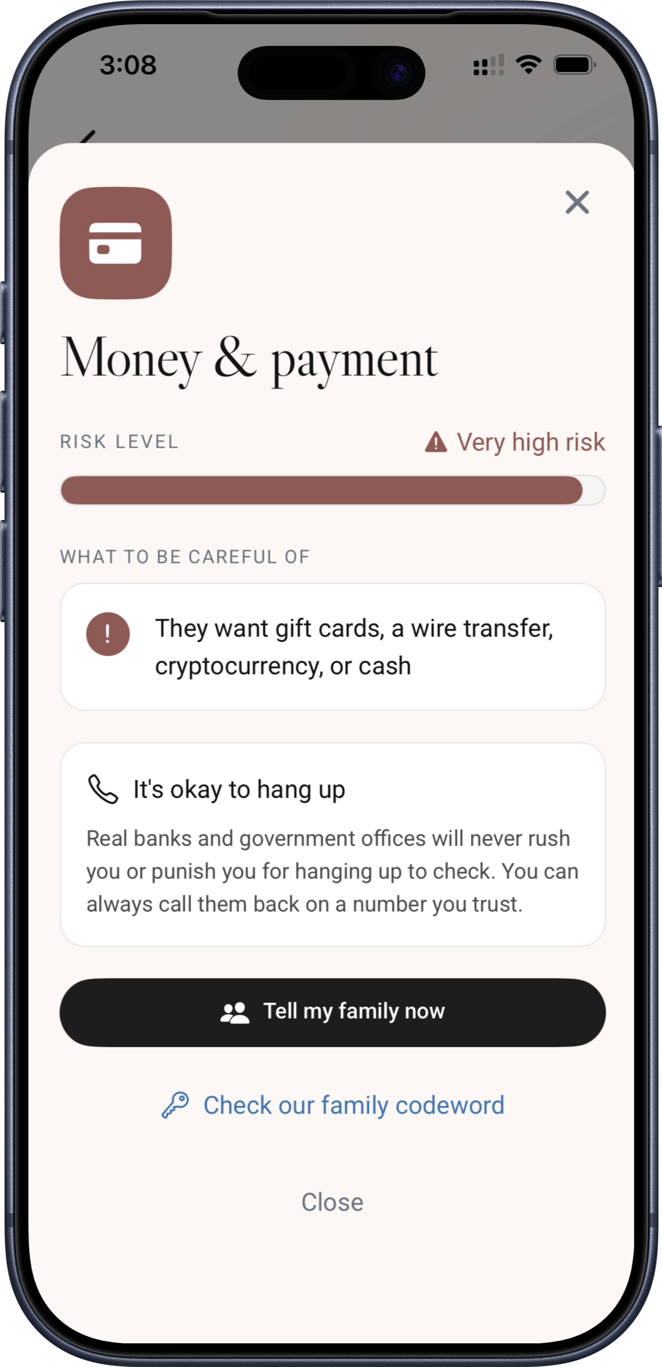Scam Check risk result screen showing Very high risk for a money or payment call