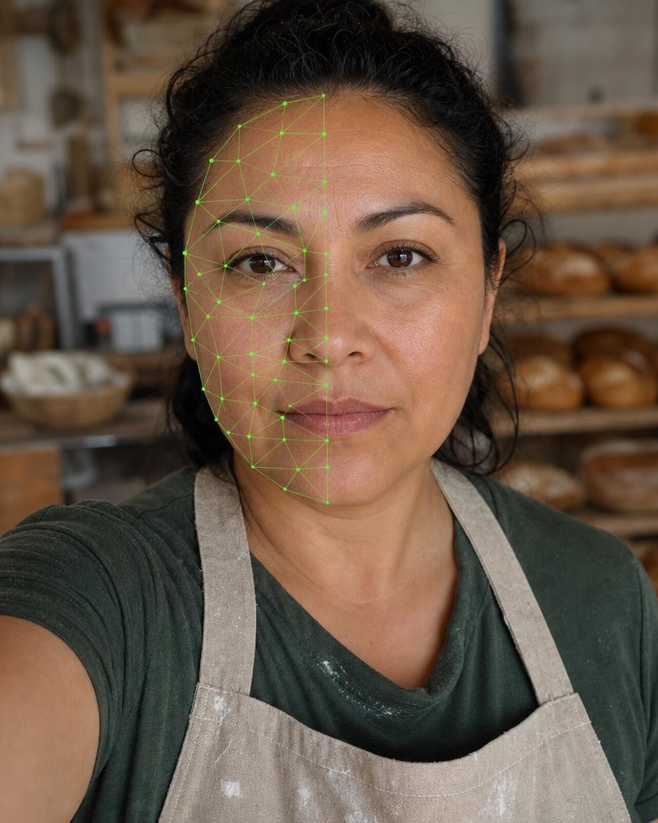 Elena Ruiz taking a Proofie selfie in her bakery while a face scan maps her face.
