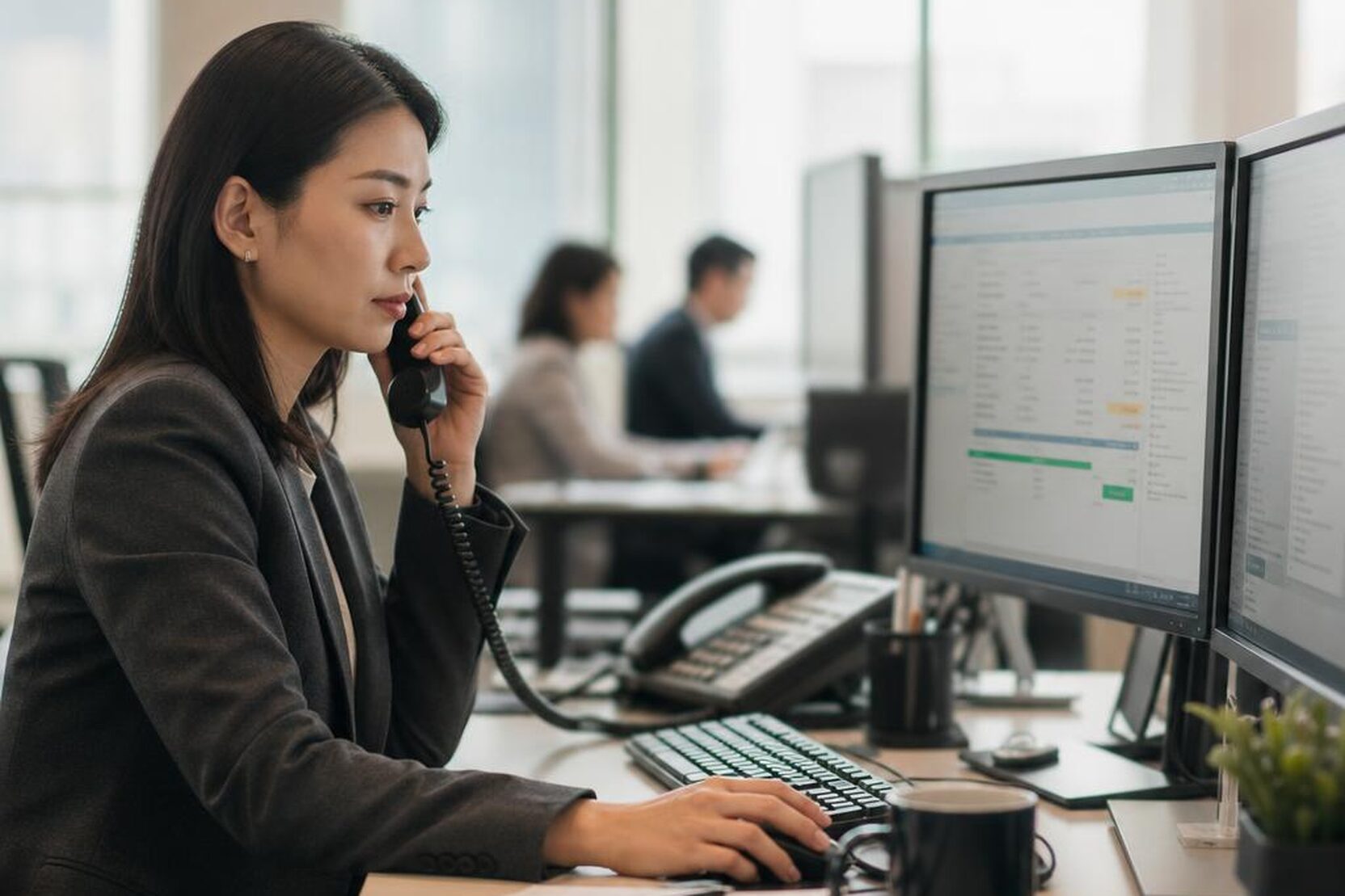 A payments operations specialist sits at a desk with two monitors in a bank operations office, phone to her ear, reviewing a payment request.