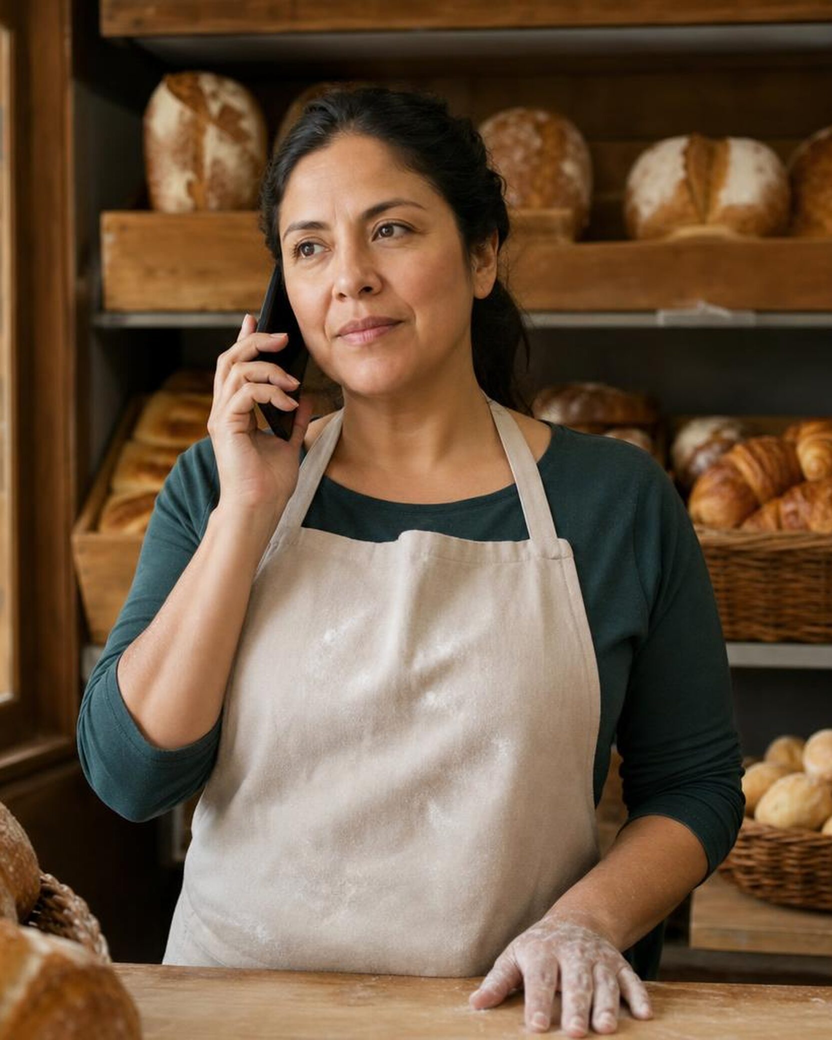 A woman around 40 with dark hair tied back and a canvas apron stands behind the counter of her bakery, holding a phone to her ear.