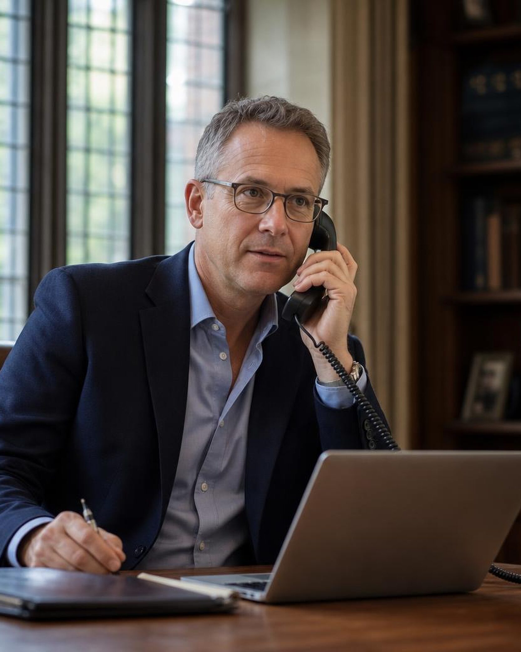 A man in his mid 40s with glasses and a navy blazer sits at a desk in a university office with tall leaded windows, phone to his ear.