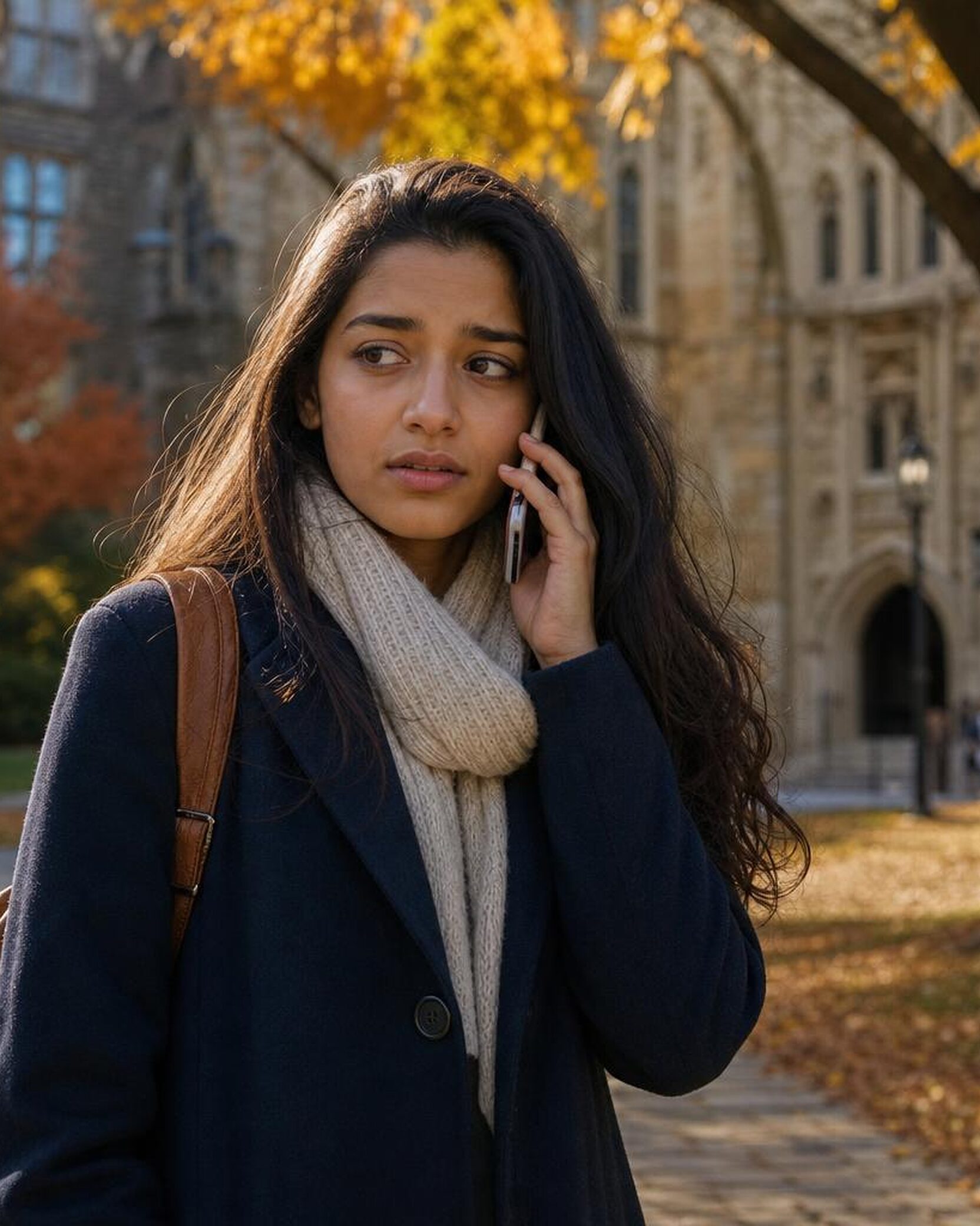 A university student with long dark hair and a navy coat stands on an autumn quad in front of stone buildings, holding a phone to her ear.