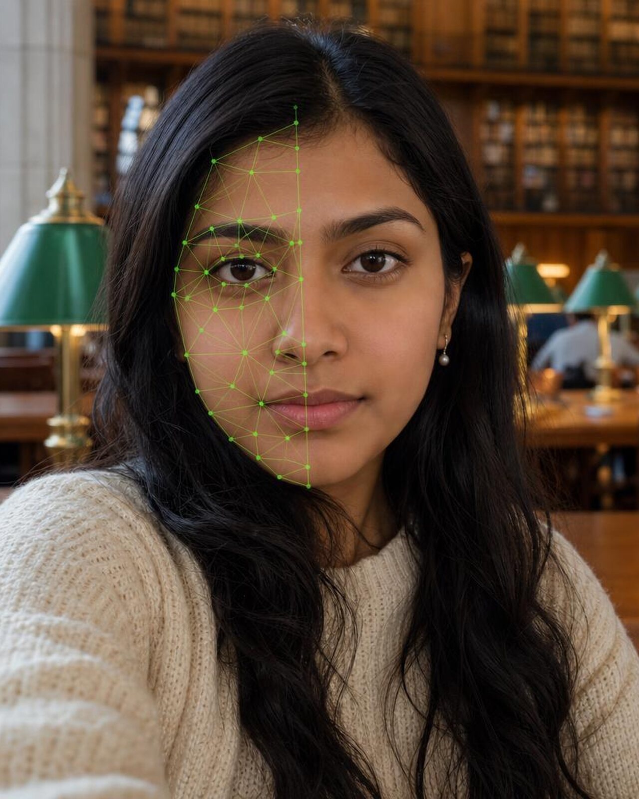Priya Raman taking a Proofie selfie in a library while a face scan maps her face.