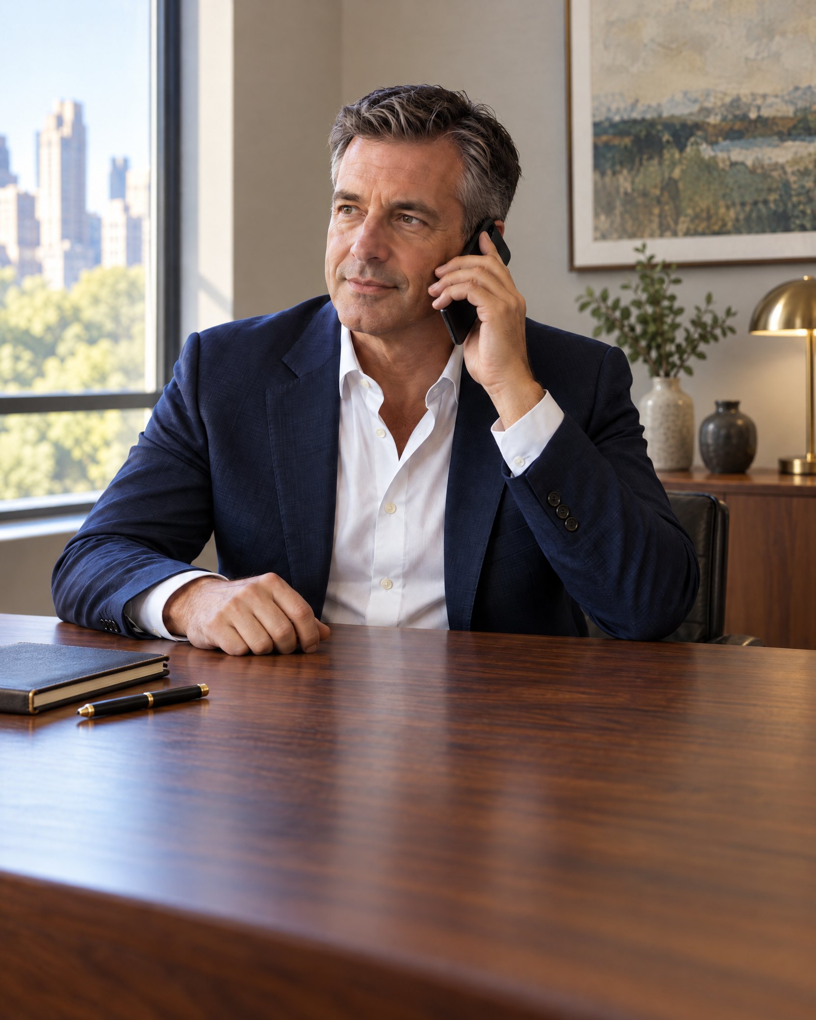 A man in his early 50s in a tailored jacket sits at a walnut desk in a quiet private office, phone to his ear.