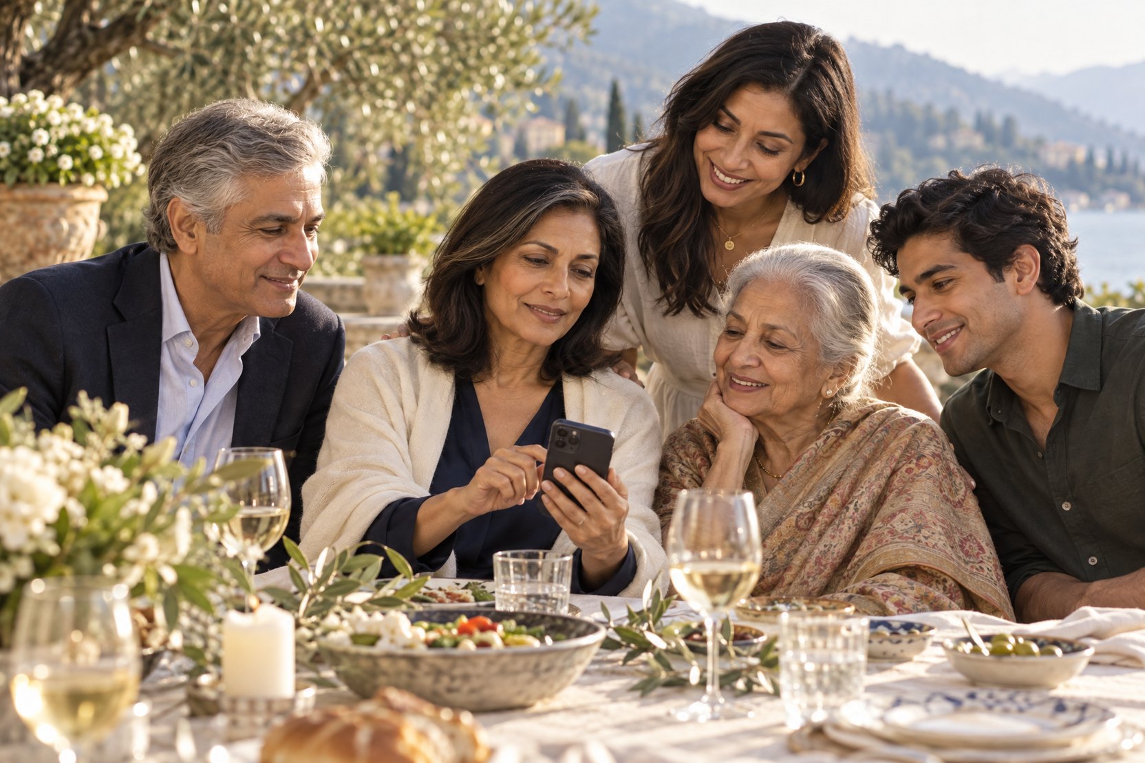 Three generations gather on a stone terrace at a long table in late afternoon light while Maya shows her mother something on her phone.