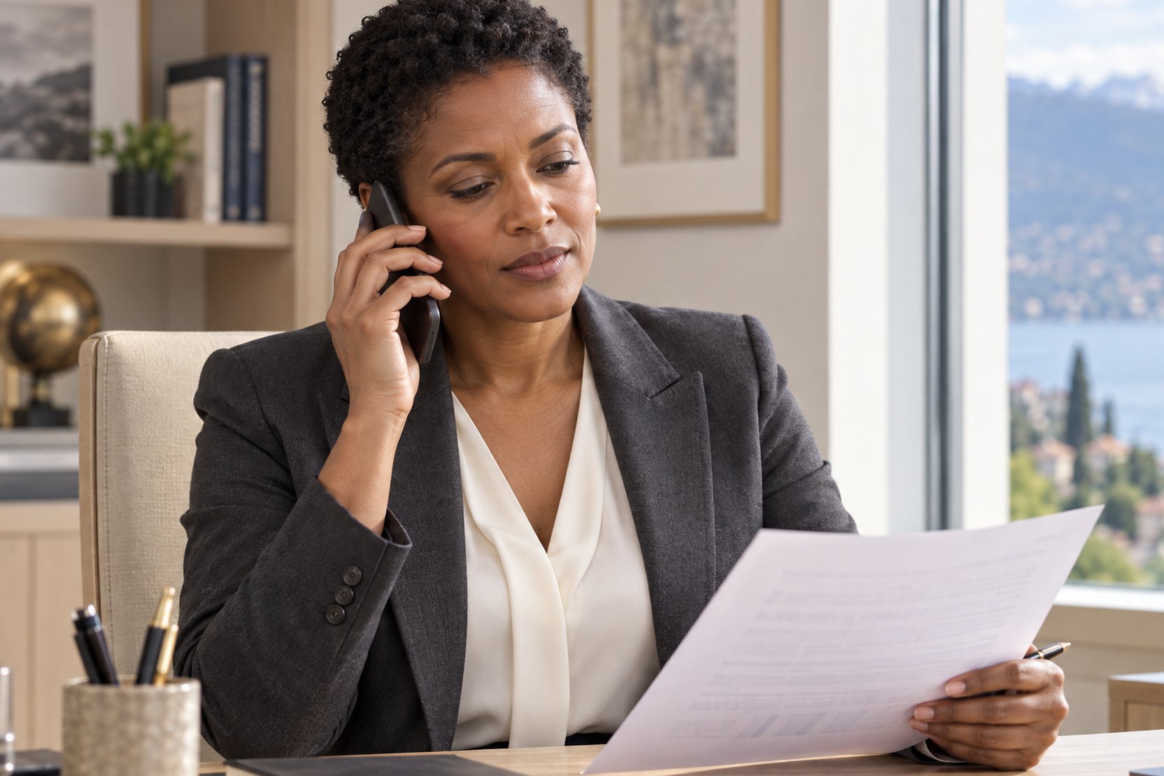 A woman in her early 40s in a charcoal blazer sits at an oak desk in a quiet office, phone to her ear, reading a printed document with a pen in hand.