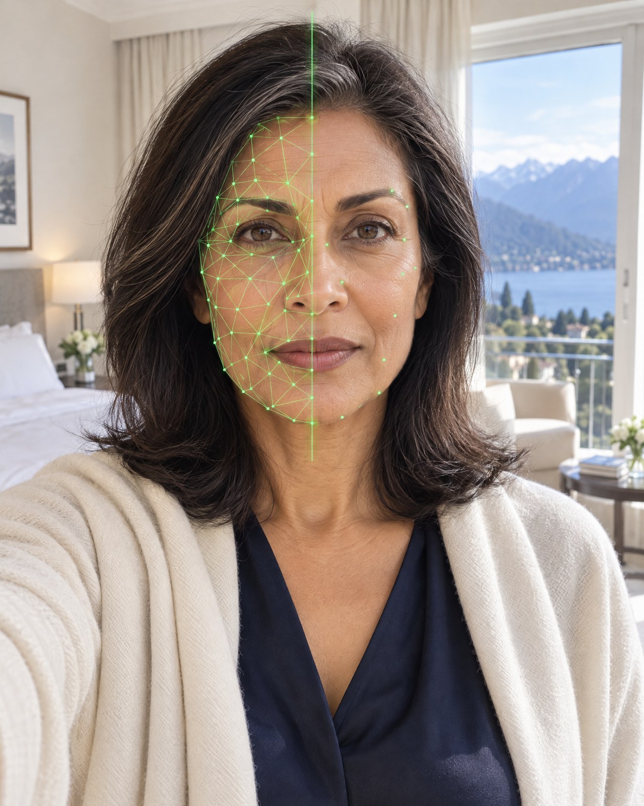 Maya Whitcombe taking a Proofie selfie while a face scan maps her face.