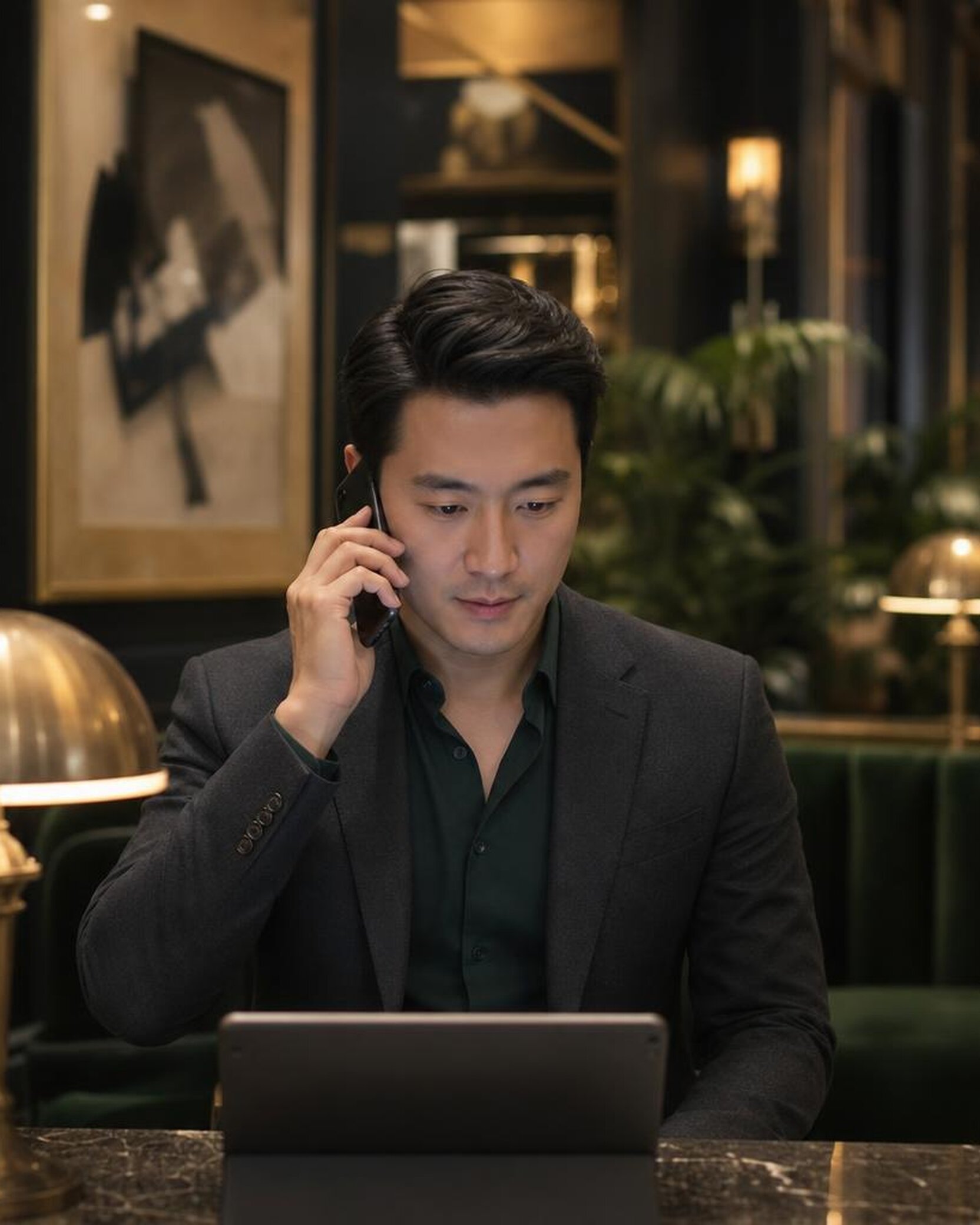 A membership manager in a dark blazer sits at the front desk of a modern members club with green velvet banquettes and brass lamps, phone to his ear.