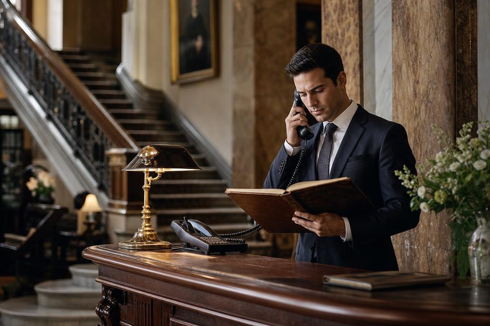 A porter in a dark suit stands at the mahogany front desk of a marble club entrance hall, phone to his ear, reading a leather bound ledger.