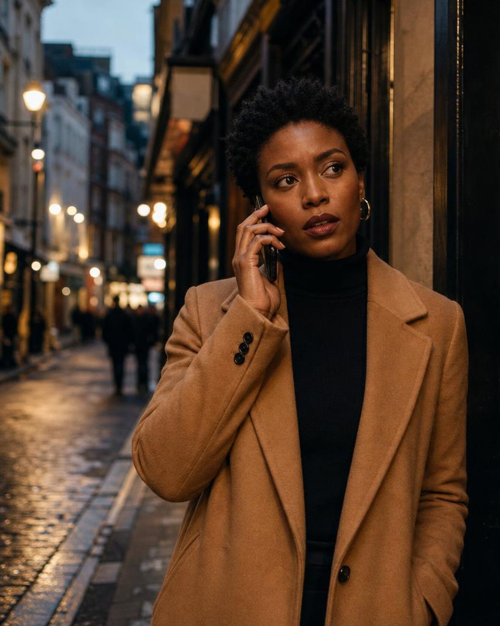 A woman around 30 with short natural hair and a camel coat stands by the discreet door of a members club on a Soho street at dusk, holding a phone to her ear.