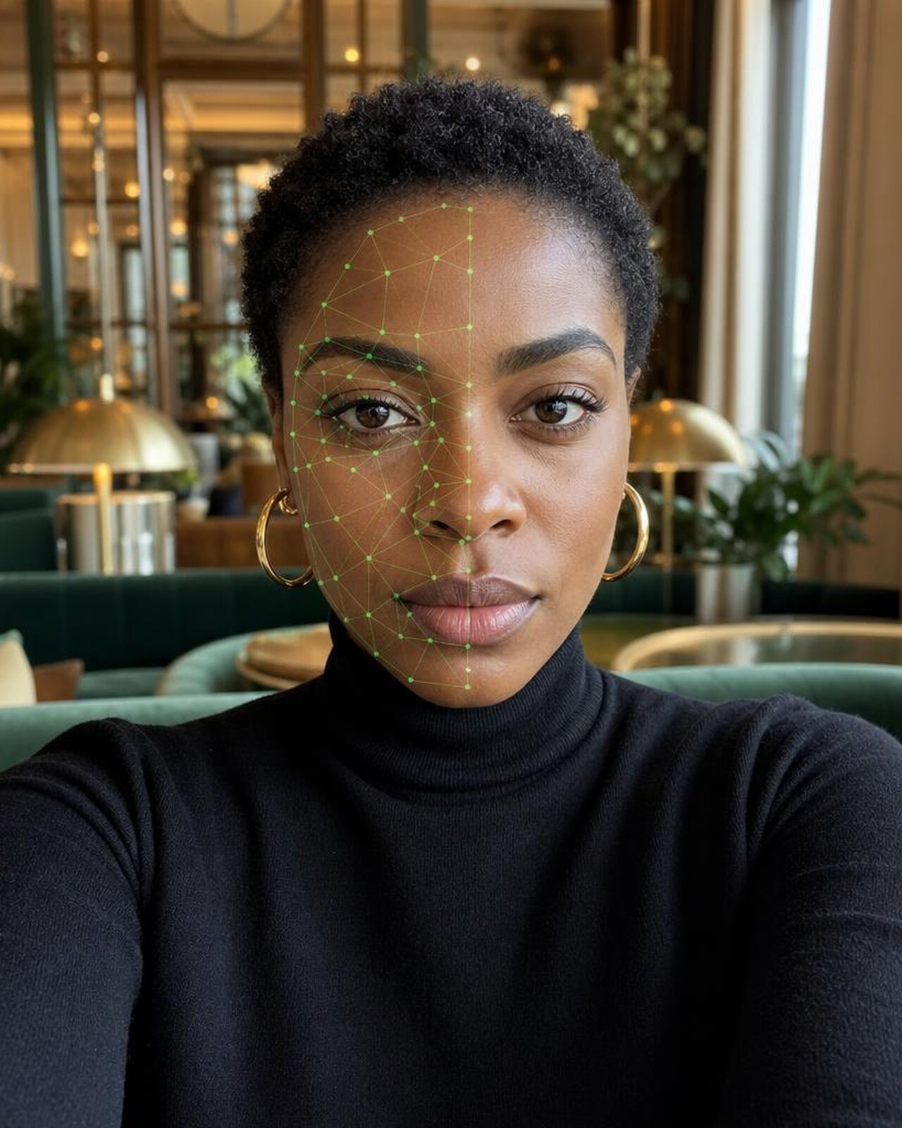 Amara Okafor taking a Proofie selfie in the club lounge while a face scan maps her face.