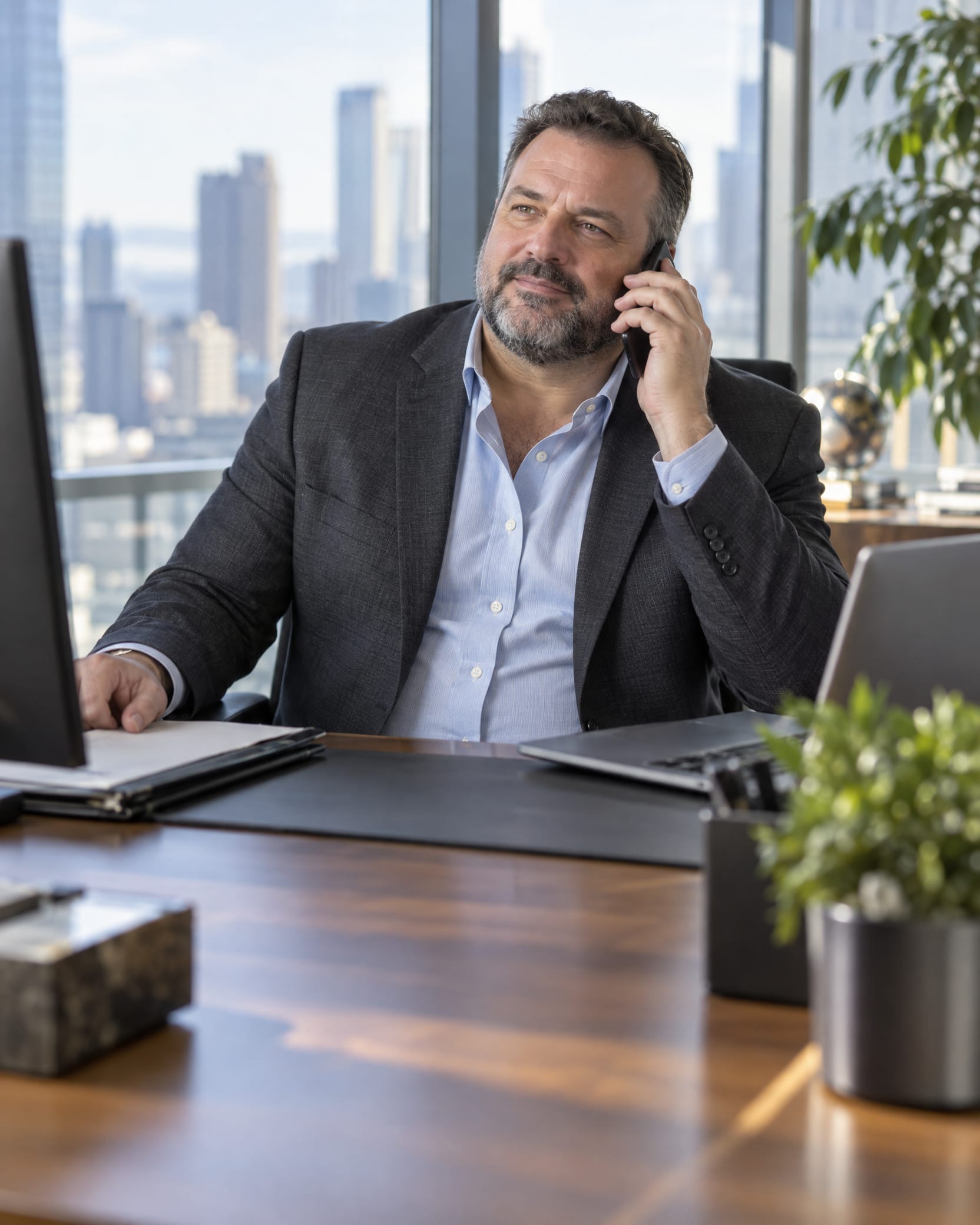 A man in his early 50s with a salt-and-pepper beard, in a charcoal blazer and open-collar light blue shirt, sits at his desk in a high-rise office with a city view, phone to his ear.