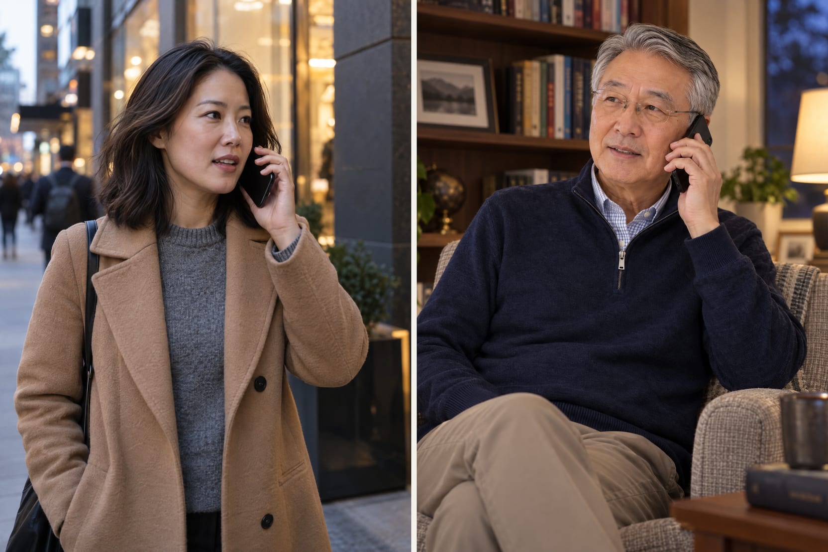On the left, Emily, in her mid 30s, calls from a city sidewalk with her phone to her ear. On the right, her father Henry answers at home, phone to his ear, asking for the words.