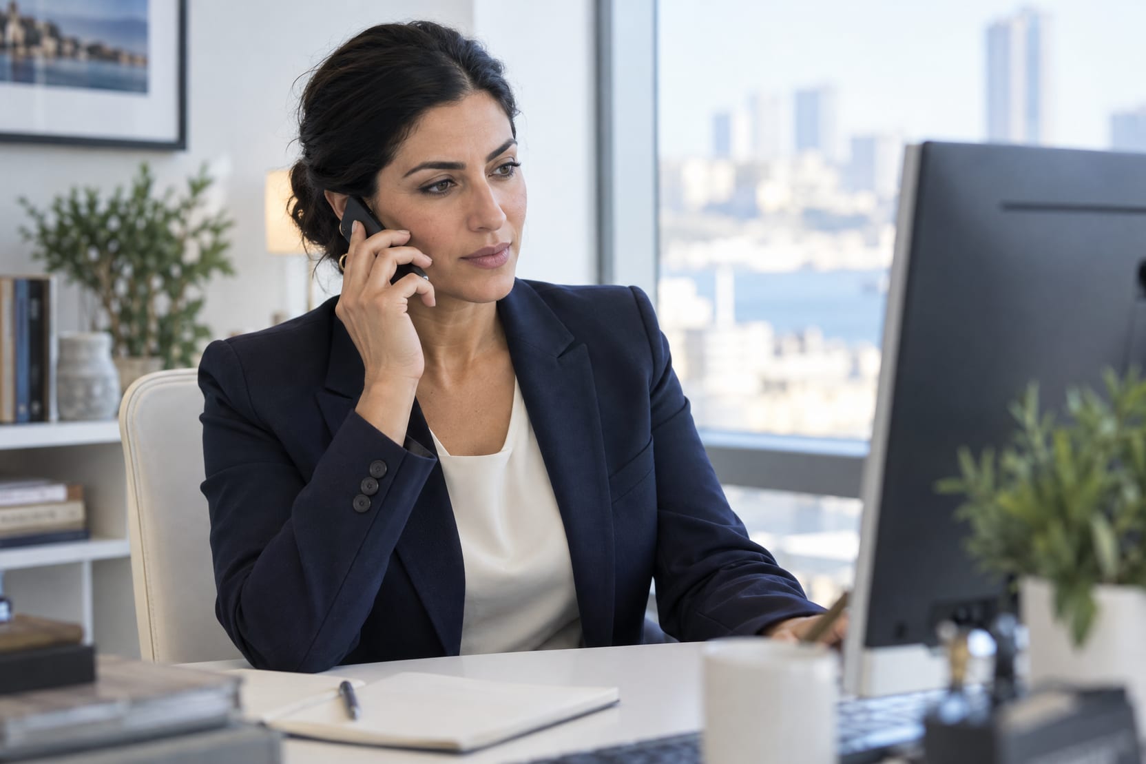 A woman in her early 40s with dark hair pulled back, in a navy blazer, sits at a white desk in a bright office, phone to her ear, reviewing a document on her monitor.
