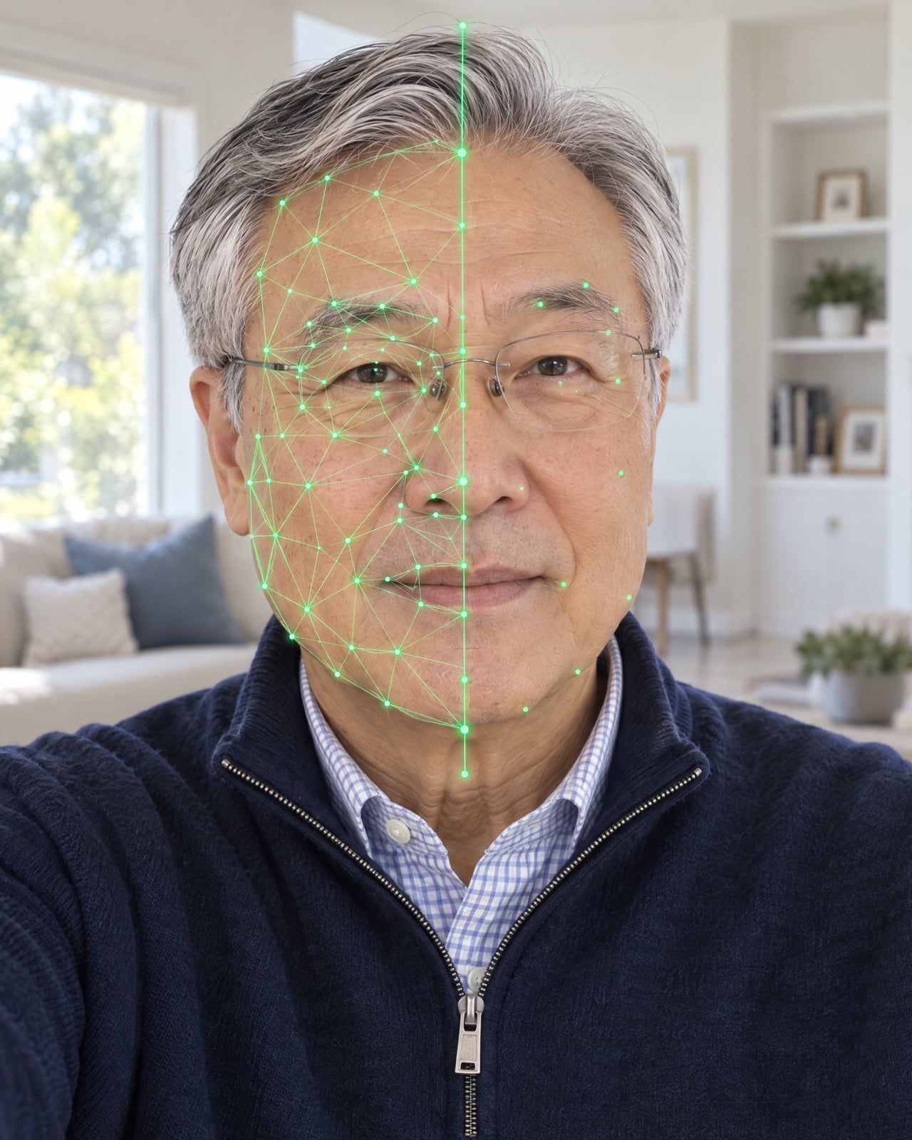 Henry Cho takes a Proofie selfie while a face scan maps his face.
