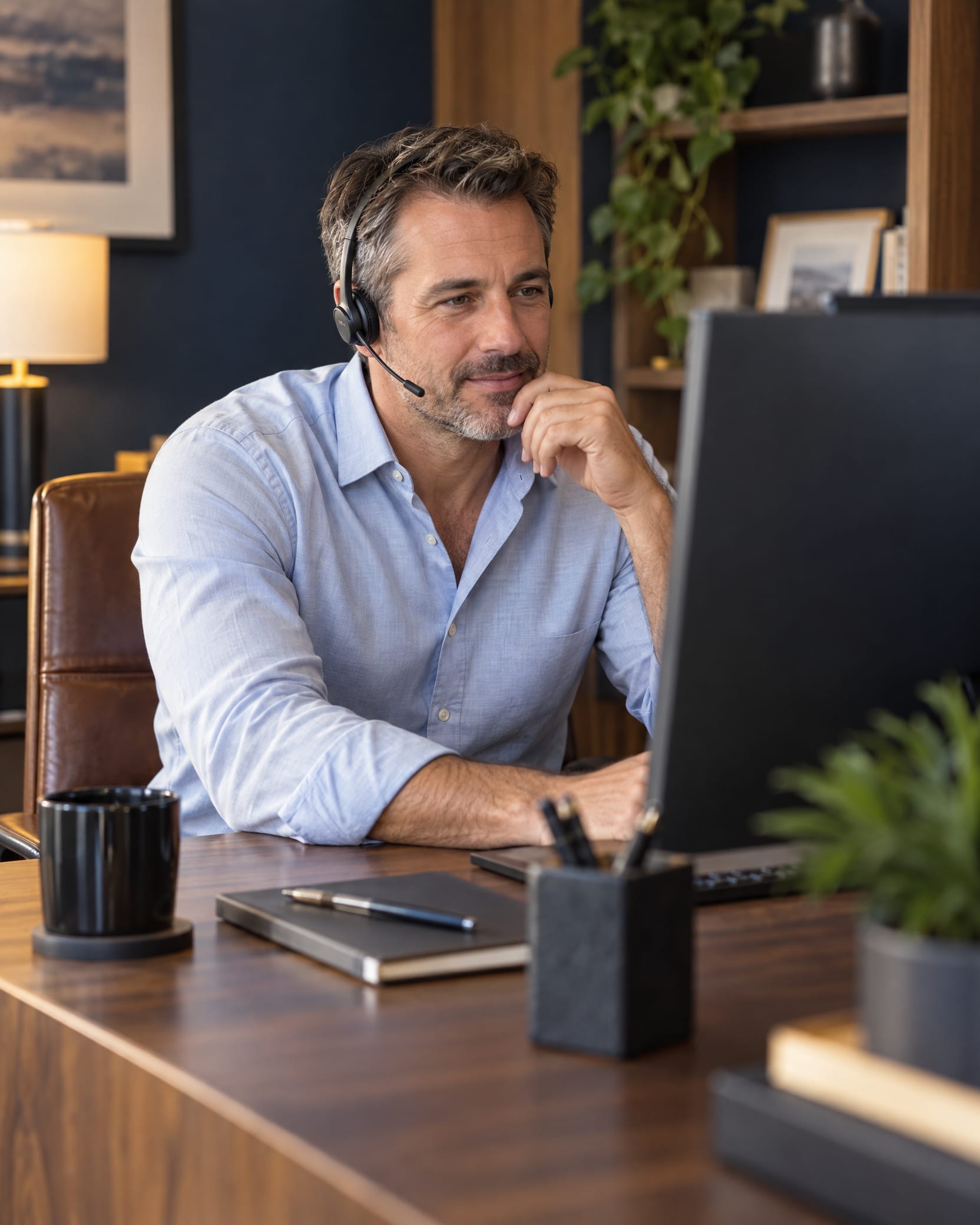 A financial advisor wearing a headset listens to a client call at his desk.