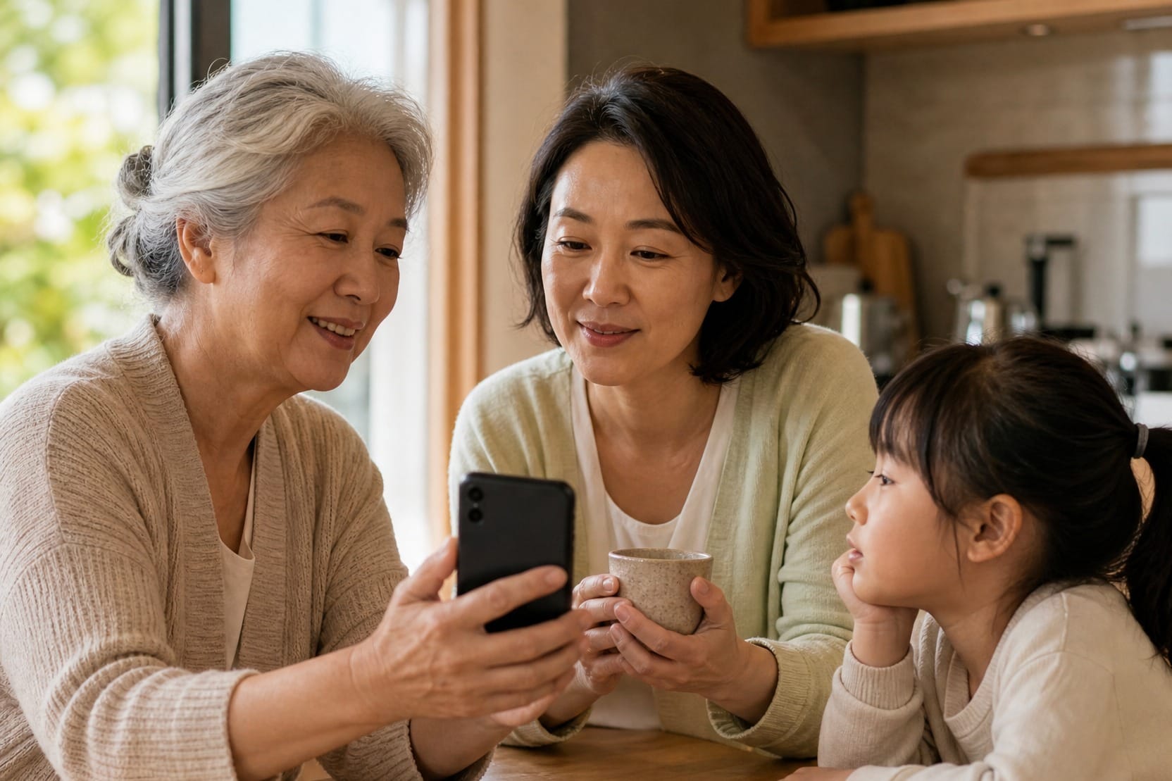 Three generations sit at a kitchen table in morning light while a grandmother holds up a phone and her daughter and granddaughter look on.