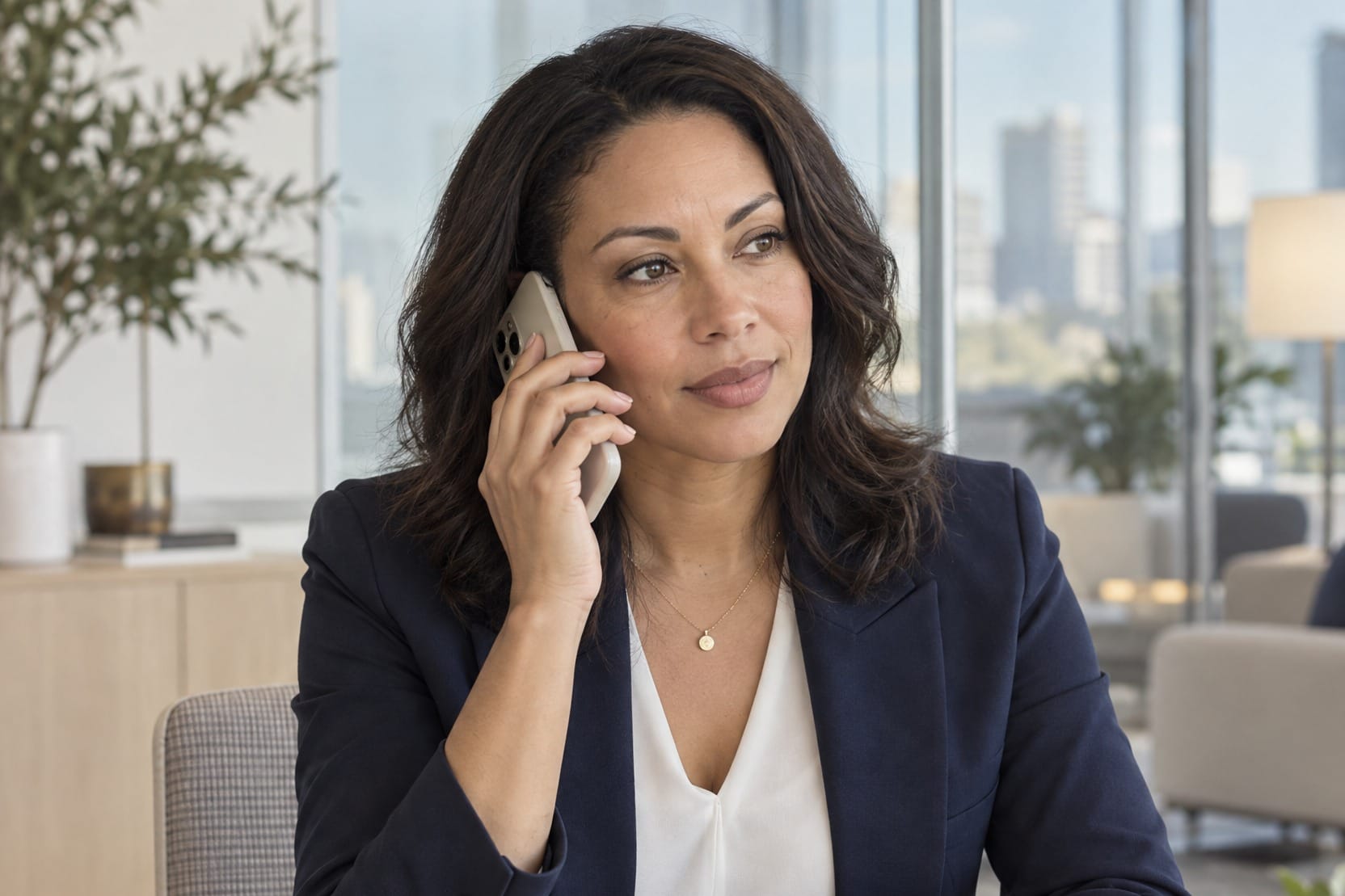 A woman takes a phone call in a glass-walled office overlooking the city.