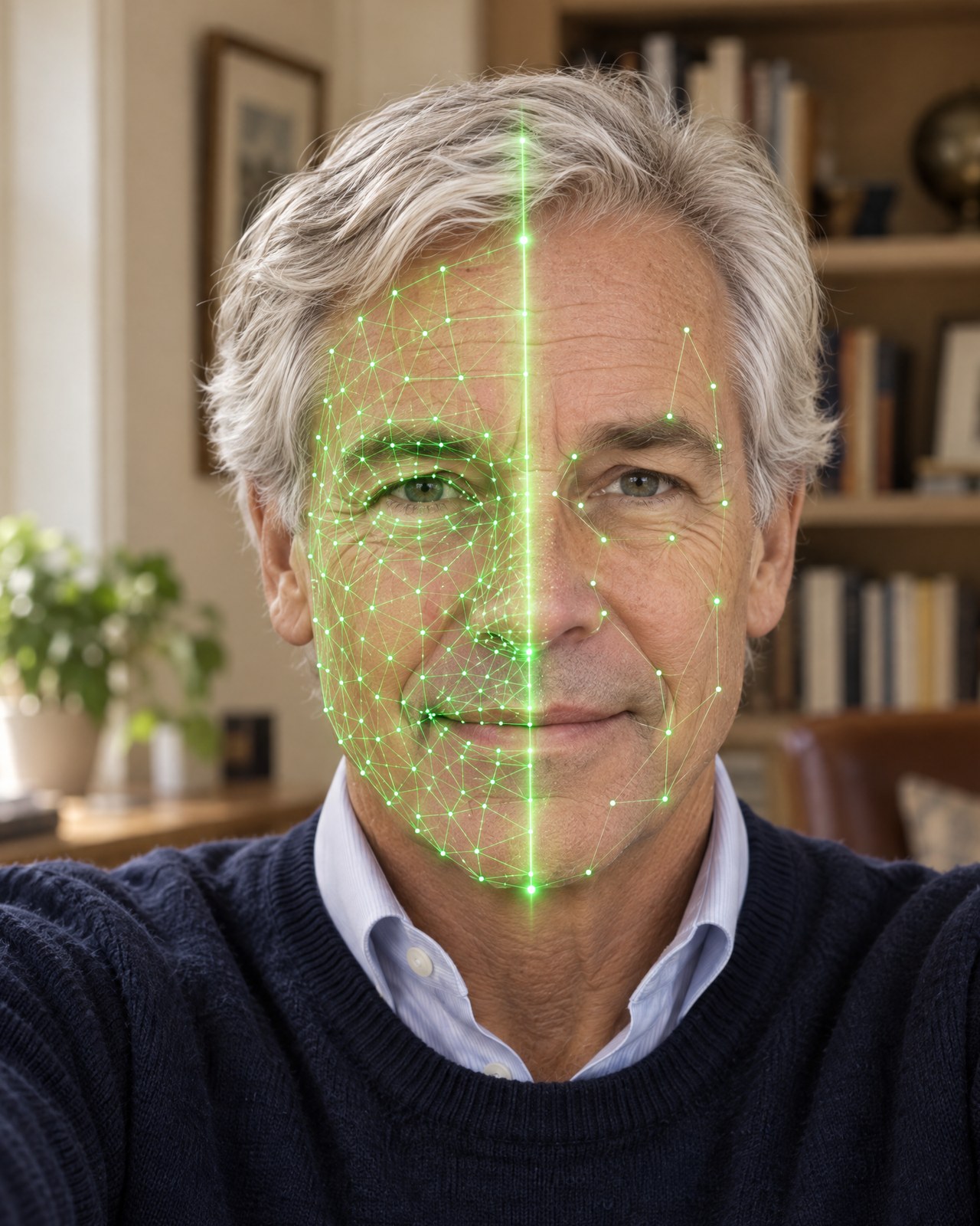 Richard Hayes taking a Proofie selfie while a face scan maps his face.